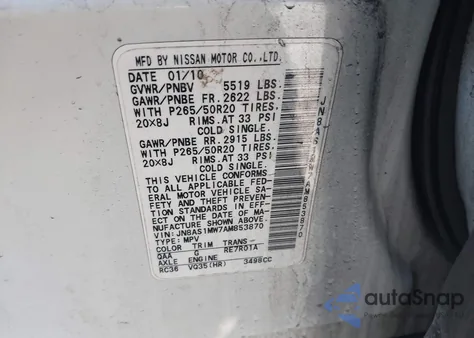 2010 Infiniti Fx35 z USA, uszkodzony, nr VIN JN8AS1MW7AM853870